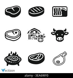 Meat icon set. Beef vector illustration. Steak symbol. BBQ sign. Raw meat isolated pictogram. Grilled steak icon. Stock Vector