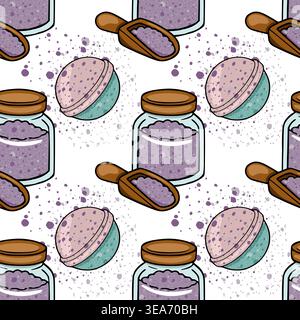 Seamless vector pattern of bath bombs and bath salts in jars with wooden scoops, spa and relaxation theme Stock Vector