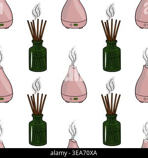 Seamless vector pattern of pink aroma diffusers and green reed diffusers with smoke Stock Vector