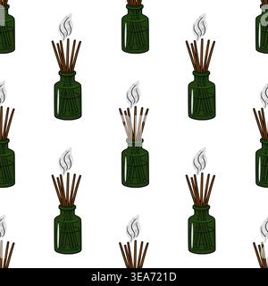 Seamless vector pattern of green glass diffuser bottles with incense sticks and aromatic smoke Stock Vector