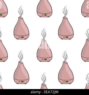 Seamless vector pattern of pink essential oil diffusers emitting stylized grey steam, perfect for spa, wellness, or home decor backgrounds. Stock Vector