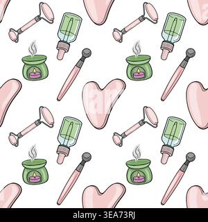 Seamless vector pattern of pink beauty tools, serum bottle, and aromatherapy candle for spa and self-care. Stock Vector