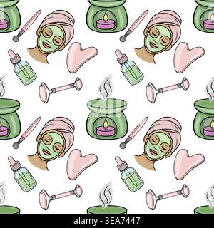 Seamless vector pattern of relaxing spa and beauty treatment elements, including face masks, gua sha, rollers, and aromatherapy. Stock Vector