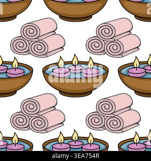 Seamless spa vector pattern with rolled towels and floating candles in bowls Stock Vector