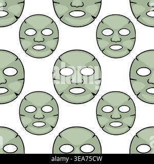 Seamless vector pattern of green facial sheet masks with cutouts for eyes and mouth Stock Vector