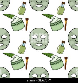 Seamless vector pattern of spa and beauty treatment items, featuring sheet masks, aloe vera cream, oil bottles, and brushes Stock Vector