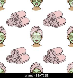 Seamless vector pattern of a woman with a green facial mask and cucumber slices on eyes, wrapped in a pink towel, with rolled pink towels. Stock Vector