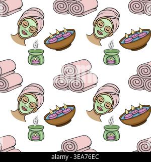 Seamless spa pattern vector illustration with face mask, rolled towels, and aromatherapy candles Stock Vector