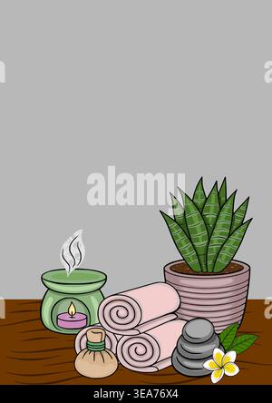 Serene spa poster vector illustration with rolled towels, aromatherapy candle, hot stones, herbal compress, and plant Stock Vector