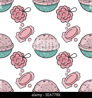 Seamless vector pattern of bath bombs, soap, and loofahs in pastel pink and teal, perfect for spa and beauty themes Stock Vector
