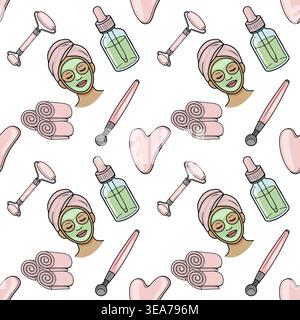 Seamless spa vector pattern with facial rollers, gua sha, serum bottles, and facial masks Stock Vector