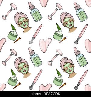Vector seamless pattern of skincare tools and products, including face masks, gua sha, and serum bottles. Stock Vector