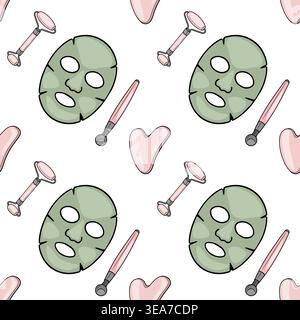 Seamless vector pattern of pink gua sha tools and green sheet masks for skincare and beauty Stock Vector