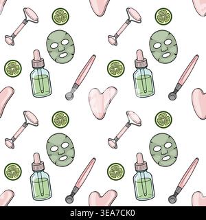 Seamless vector pattern of pink jade rollers, gua sha stones, face masks, cucumber slices, and serum bottles for beauty and skincare. Stock Vector