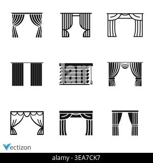 Window blinds icons set. Statutory different types of blinds, linear icon collection. Line with editable stroke Stock Vector