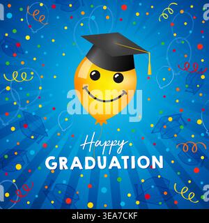 Happy Graduation social media story. Square greeting card with festive backdrop and positive yellow balloon with graduating cap Stock Vector