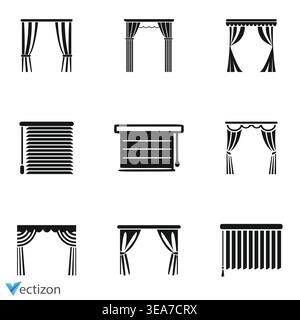 Window blinds icons set. Statutory different types of blinds, linear icon collection. Line with editable stroke Stock Vector