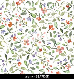 Seamless watercolor pattern with small meadow flowers and climbing green leaves. Botanical floral background in millefleurs style, vector EPS. Stock Vector
