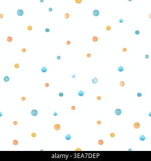 Seamles watercolor polka dot pattern with blue, orange circles. Minimalist hand painted  pastel background for kids textile, nursery decor.Vector EPS. Stock Vector