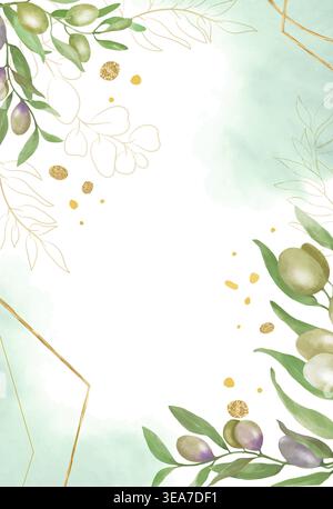 Watercolor olive background. Hand painted botanical greenery  mediterranean oil leaves frame for wedding invites eco design, vector EPS. Stock Vector