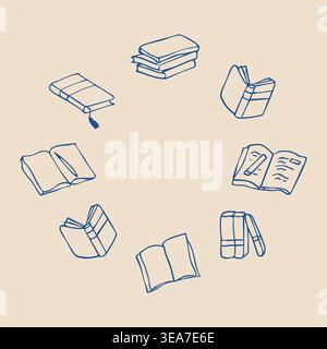 Hand drawn book doodle roud frame with open books stack and reading icons Stock Vector