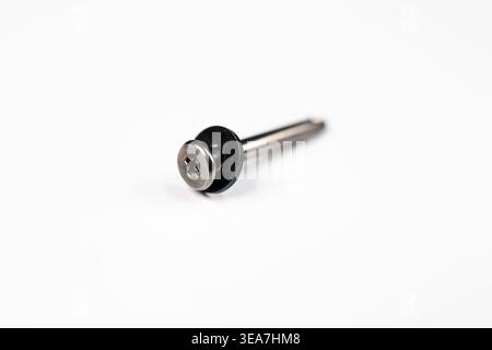 Macro Closeup of a Single Long Torx Screw with black Washer on a white background. This is a computer screw used in a CPU Fan or Electronics. Stock Photo