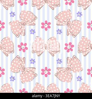 Seamless pattern with polka dot bow and flowers on striped background. Textile print with cute ribbon accessory and floral element for baby clothes or gift wrapping paper design. Coquette core design Stock Vector