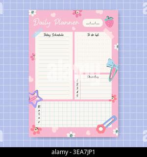 Pink Daily planner template decorated with cute girly hairpins, bows, and flowers. Printable organizer for managing daily tasks and setting goals. Stationery design for planning and scheduling. Stock Vector