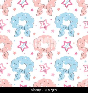 Seamless pattern with hair ties and for hair star clips. Cute textile background design with fashionable accessories for girls. Flat kawaii illustration for wallpaper decor in childrens rooms Stock Vector