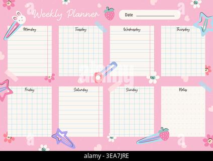 Weekly planner page with grid and lined sections for schedule organization. Template layout for note taking and daily task management. Stationery design with cute Colorful accessories for girl Stock Vector