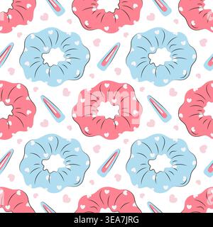 Seamless pattern with hair scrunchies and hair clips. Cute accessories for girl hair styling. Cartoon art style drawing for textile background, wallpaper or wrapping paper design. Stock Vector