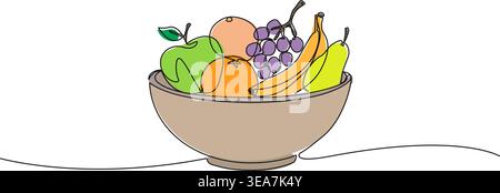 colored continuous line drawing of bowl filled with fresh healthy fruits, line art vector illustration Stock Vector