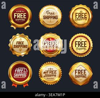 Free shipping golden labels, premium badges set Stock Vector