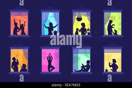 Neighborhood night windows with people silhouettes Stock Vector