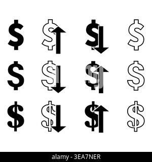Dollar symbols set. Market trend Vector. Dollars rate variation. Currency arrow movement. Manual vector only. No autotrace used. EPS 10. Stock Vector