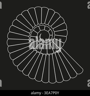Spiral shell icon. White line Vector. Black background pattern. Fibonacci curve design. Manual vector only. No autotrace used. EPS 10. Stock Vector
