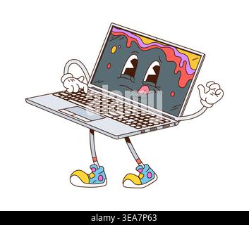 Groovy laptop notebook computer cartoon character Stock Vector