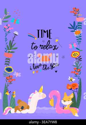Funny Animals sunbath swimming in the Sea in Floral Frame Stock Vector