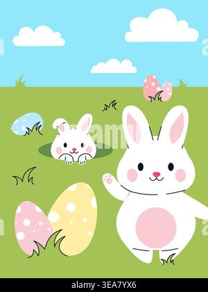 Bunnies and Eggs Scene. Vector illustration Stock Vector