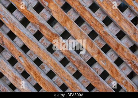 Traditional Arabic wooden lattice texture with weathered surface and geometric pattern.  Stock Photo
