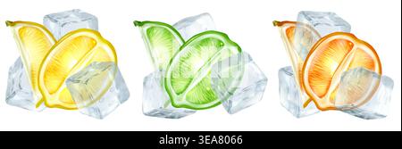 Fresh citrus fruit slices with ice cubes isolated on white background. Vector realistic illustration of lemon, lime and orange with frozen water rocks, refreshing drink package or summer menu design Stock Vector