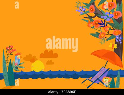 Cartoon Sea Cost with Magic Flowers and Umbrella Stock Vector