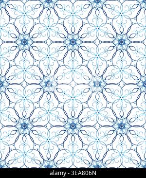 Winter blue seamless pattern. Elegant blue snowflakes on white background. Lace of swirls. Decorative lacy design element for winter mood Stock Vector