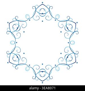 Blue gradient hexagonal frame on white background. Lace of delicate swirl. Lacy design element for winter mood. Elegant snowflake with six beams. Stock Vector