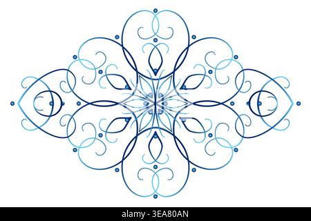 Blue gradient mandala on white background. Lace of delicate swirl. Decorative lacy design element for winter mood. Elegant snowflake with six beams. Stock Vector