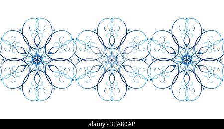Blue seamless border. Graceful lace of swirls. Winter lacy design element. Elegant snowflake with six beams. Stock Vector