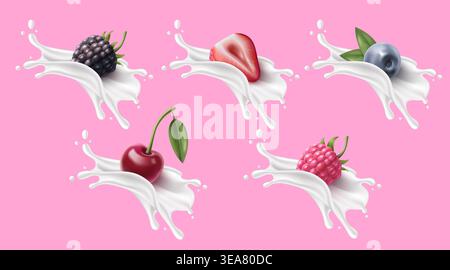 Yogurt splash set with 3D berries isolated on pink background. Vector realistic illustration of fresh blackberry, strawberry, blueberry, cherry, raspberry, white milk splatter, dairy packaging design Stock Vector