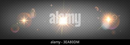 Bright sun halo effect with golden lens flare on transparent background. Vector realistic illustration of orange glow bursts, radiant light beams, abstract luminous sunburst on overlay backdrop Stock Vector