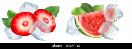 Fresh strawberry slices with ice cubes, watermelon pieces, and green leaves, realistic vector illustration isolated on white background. Cool summer fruit composition with juicy berries Stock Vector