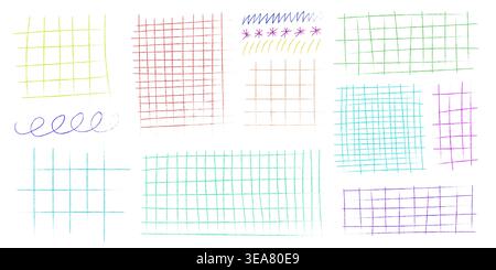 Doodles grid patterns set on white paper background. Vector abstract cartoon illustration of kid crayon stars, spiral pencil scribbles, pen stroke lines, color hand drawn school banner design elements Stock Vector